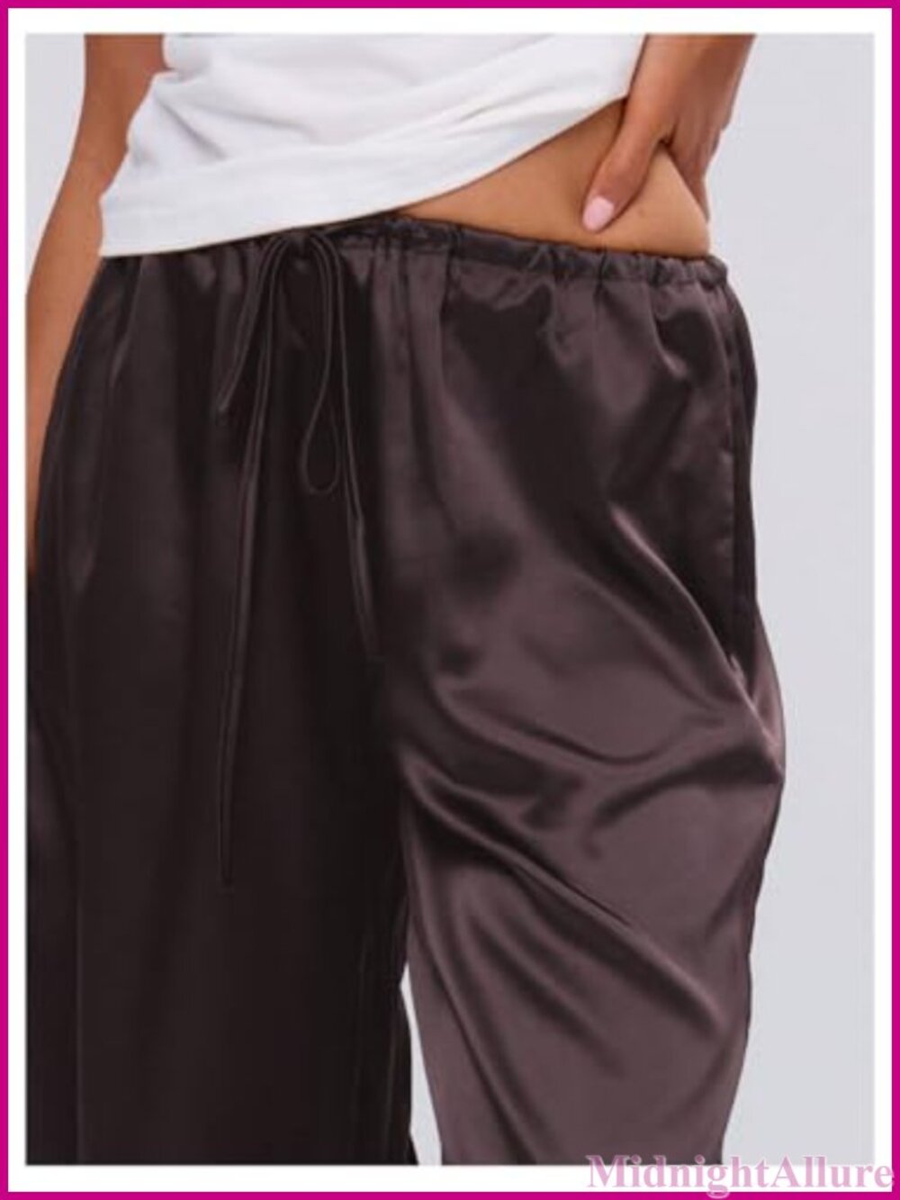 Silk Satin Wide Leg Pants Flowy Tie Front Elastic Waist - Picture 3 of 4